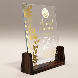 Personalized Crystal Glass Award Plaque with Wooden Base - Custom Corporate Trophy 6.5x8 Inch
