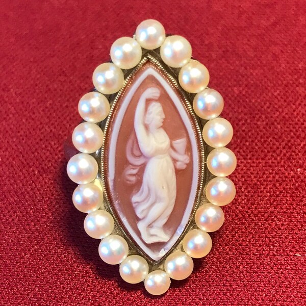 RARE Exquisite Victorian Palladium Silver Cameo Pearl Ring - Size 5.5