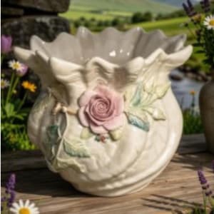 May include: A cream-colored ceramic planter featuring a ruffled, scalloped rim and a three-dimensional sculpted pink rose with green leaves on the front. The surface has a glossy finish and a textured, shell-like appearance with organic curves.