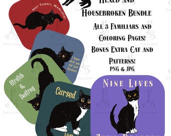 Hexed and Housebroken – Black Cat Familiar Printable Bundle Digital Witch Art Set, Halloween Cats