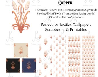 Copper Cattail Damask –Seamless Pattern & PNG Motifs Botanical Digital Paper