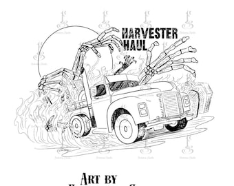 Truck Coloring Page, Haunted Harvester, Halloween Coloring Download, PNG & PDF