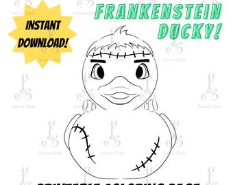 Halloween Frankenstein Duck Digital Coloring Page, Cute Spooky Art, Printable PDF, PNG, JPG