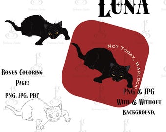 Not Today, Warlock! – Black Cat Familiar Printable Halloween Cat Art, Digital Download