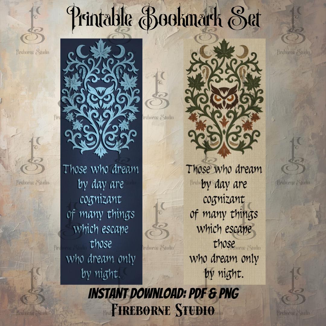 Printable Owl Bookmark Set, Gothic Owl, Edgar Allen Poe Quote, Instant Download PDF and PNG