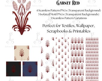 Garnet Red Cattail Damask –Seamless Pattern & PNG Motifs Botanical Digital Paper
