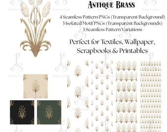 Antique Brass Cattail Damask – Seamless Pattern & PNG Motifs Botanical Digital Paper