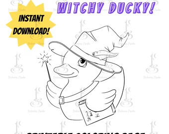 Halloween Duck Digital Coloring Page, Cute Spooky Art, Printable PDF, PNG, JPG, Wanda the Witchy Ducky