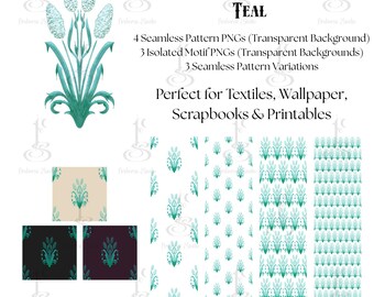 Teal Cattail Damask – Seamless Pattern & PNG Motifs, Botanical Digital Paper