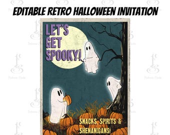 Retro Halloween Invitation, Editable Canva Template, Vintage Ghost Party Printable