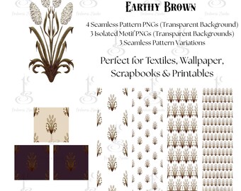 Earthy Brown Cattail Damask – Seamless Pattern & PNG Motifs Botanical Digital Paper