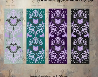 Gothic Cat Bookmarks: Damask Art, Lilac Tones (Printable PNG & PDF Download)