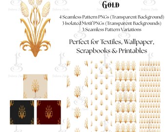 Gold Cattail Damask – Seamless Pattern & PNG Motifs Botanical Digital Paper