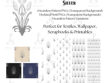 Silver Cattail Damask – Seamless Pattern & PNG Motifs Botanical Digital Paper