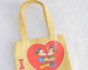 Vintage yellow Mickey Mouse, Minnie Mouse tote bag, open top, mint condition. Disneyana collector's item. Walt Disney Productions. Handbag.