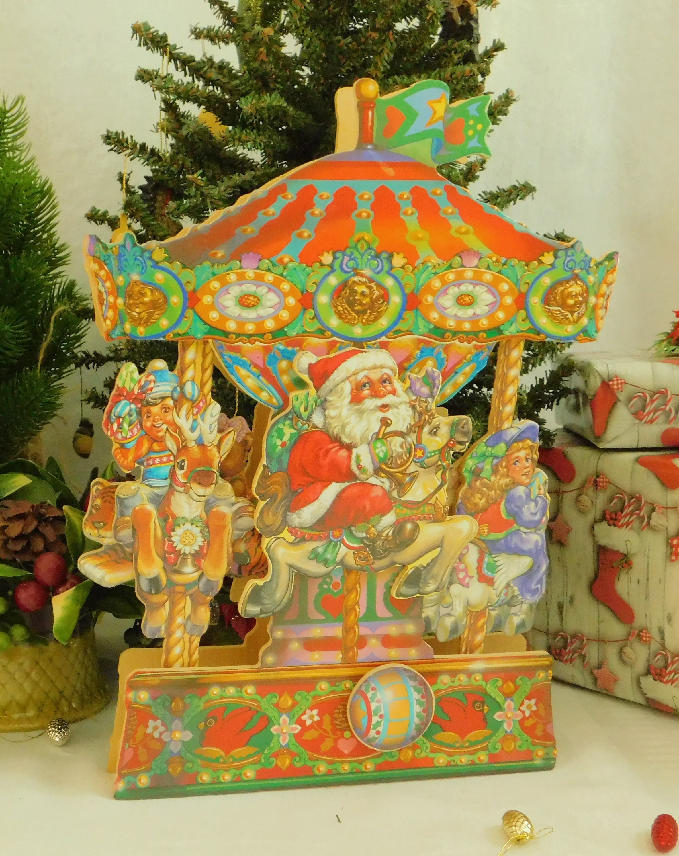 Vintage Wooden Musical Christmas Carousel Moving Merry Go Etsy