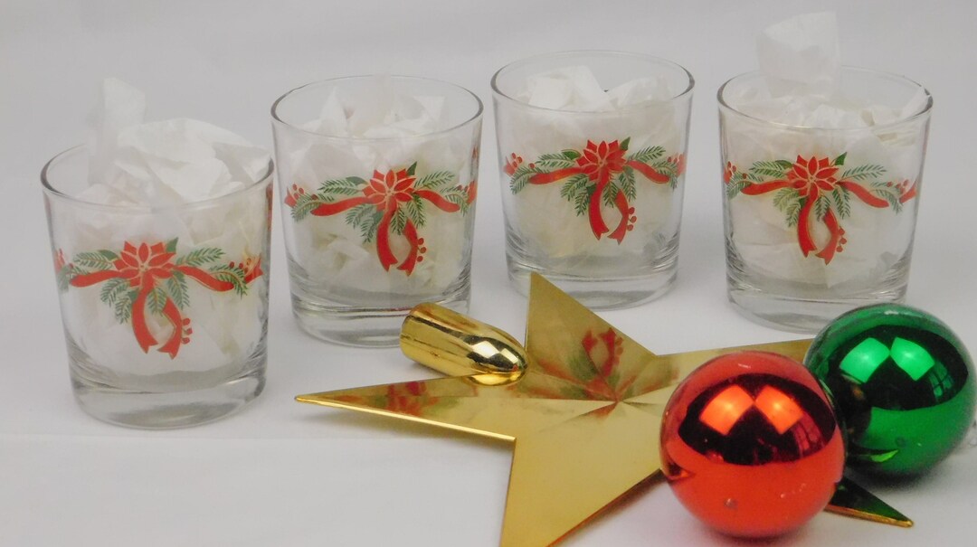 4 Christmas Drinking Glasses Poinsettia and Ribbons Anchor Etsy