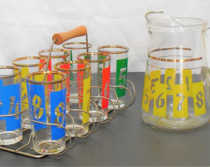 Numbered Glasses With Pitcher, Vintage Lemonade Drink Set Mid Century