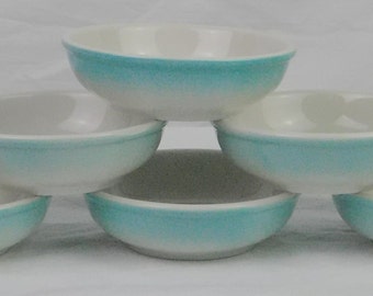 Choice turquoise Sterling restaurant ware bowls, teal green aquamarine. Vintage cereal, chili, soup, fluted dessert bowls, 1960s, ombre, old