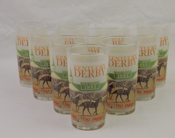 4 1985 Kentucky Derby highball collectible mint julep cocktail barware. Vintage Run for the Roses, Churchill Downs, Louisville, horse race