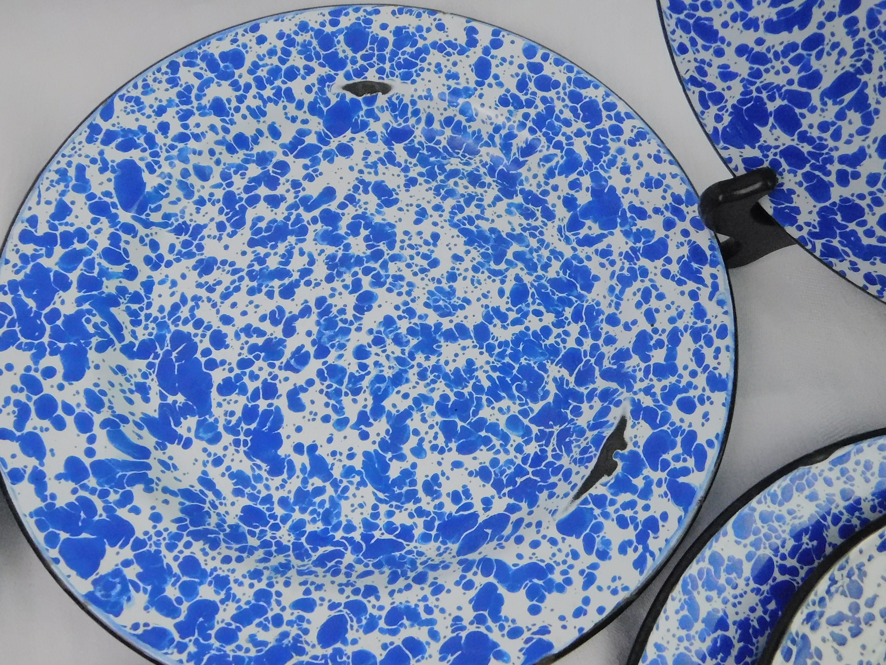 Vintage Blue Swirl Enamelware Bowls, 8