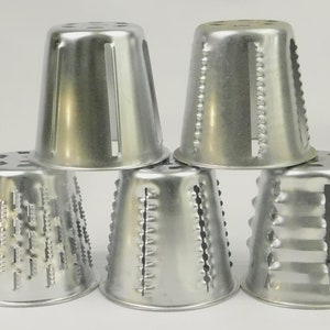 Choice replacement cones for vintage Saladmaster Food Cutter. Small kitchen appliance attachment. Shredder, Thin Thick Stringer, Slicer