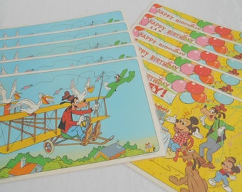 Choice set of 5 Mickey Mouse vinyl placemats, Walt Disney cartoon characters. Vintage Disneyana 50th Birthday. MCM plastic memorabilia