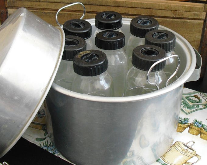 Vintage Evenflo Baby Bottle Sterilizer Kit in Aluminum Pot & Lid, 8 Evenflo Glass Bottles