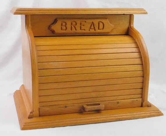 Vintage Wood Bread Box Bamboo Roll Top Cake Snack Storage Bin Kitchen Countertop 