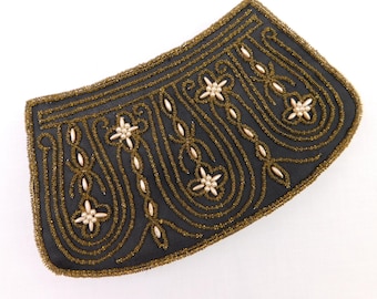 Vintage Black Beaded Evening Clutch, 1950s Made in Japan Gold Pearl Beadwork, Hand Strap Zip Purse, Cocktail Party Formal Handbag