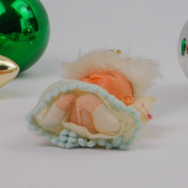 1950s Pixie Angel Ornament, Wings, Mesh Dress, Blue Hem. Vintage Gold