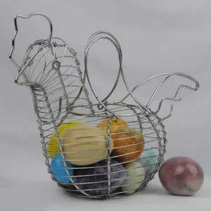 Vintage wire chicken-shaped egg basket. Egg gathering basket with handles. Decorative country farmhouse decor, rooster centerpiece planter