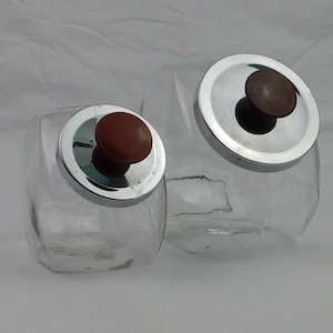 Vintage Penny Candy Jar Set Small Large Chrome Lid Red Knob General Store Glass Canister Duo, 1970s