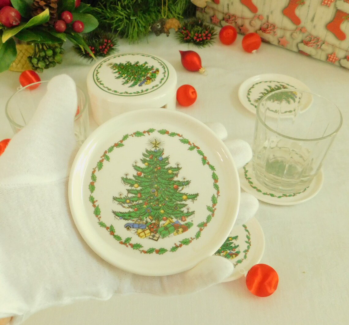Christmas Drink Coasters decorated with Tree and Packages in Etsy