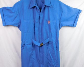 Vintage 1970s Apollo Jump Suit Blue Coveralls Belted Short Sleeve Workwear Jumpsuit Large Permanent Press