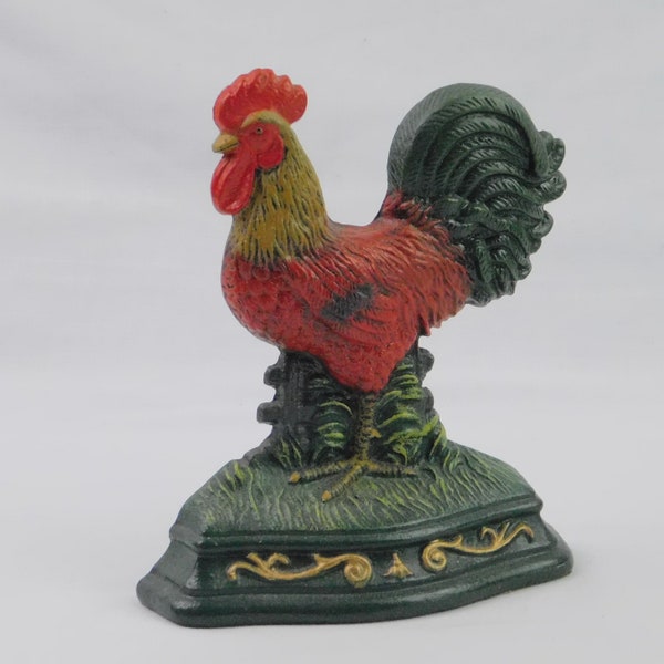 Vintage cast iron Rooster Door Stop by Wright Studios. Decorative country farmhouse decor accent, colorful, vibrant, heavy chicken bookend