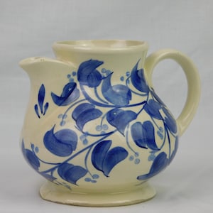 Vintage Cash Family Blue Floral Pitcher, Erwin, Tennessee, 1945, Hand Painted Heavy Pottery, Signed