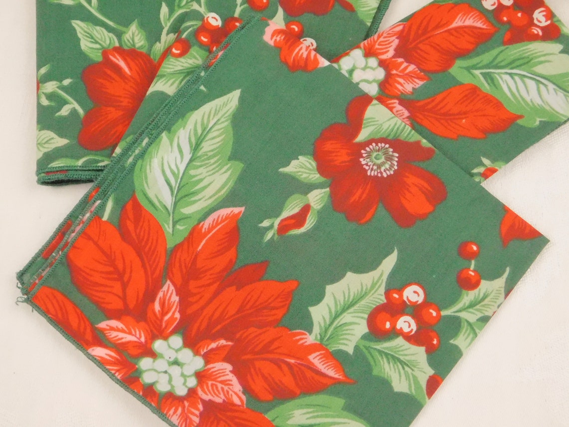 4 Christmas Cloth Napkins With Multicolored Poinsettia Holiday Etsy