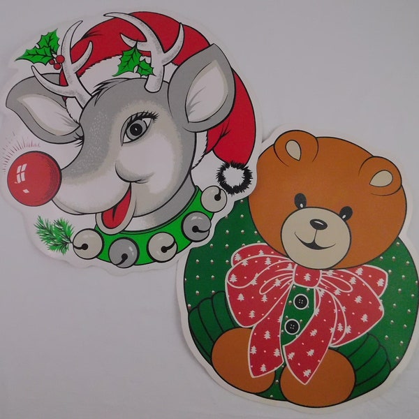 Christmas placemats with Rudolph the Red-Nosed Reindeer, Teddy Bear with a Red Bow. Vintage vinyl placemats, washable, plastic kitsch