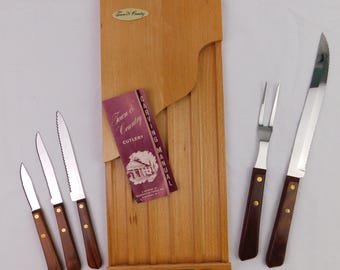 Vintage Washington Forge Town & Country 6 Pc Cutlery Set Fleetwood Handle Wood Case Carving Manual