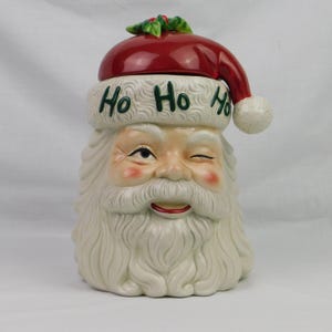 Cracker Barrel Winking Santa Claus Cookie Jar, Ceramic “Ho Ho Ho” Holiday Kitchen Decor, Vintage Gift for Christmas Lover, Centerpiece, old