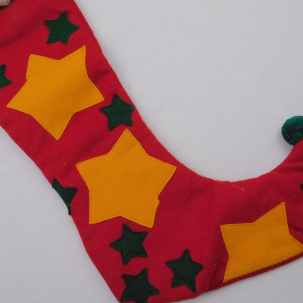24" Court Jester Christmas Stocking. Vintage Lillian Vernon Applique Stocking with felt gold and green stars. RN#61774, NIP. Holiday decor