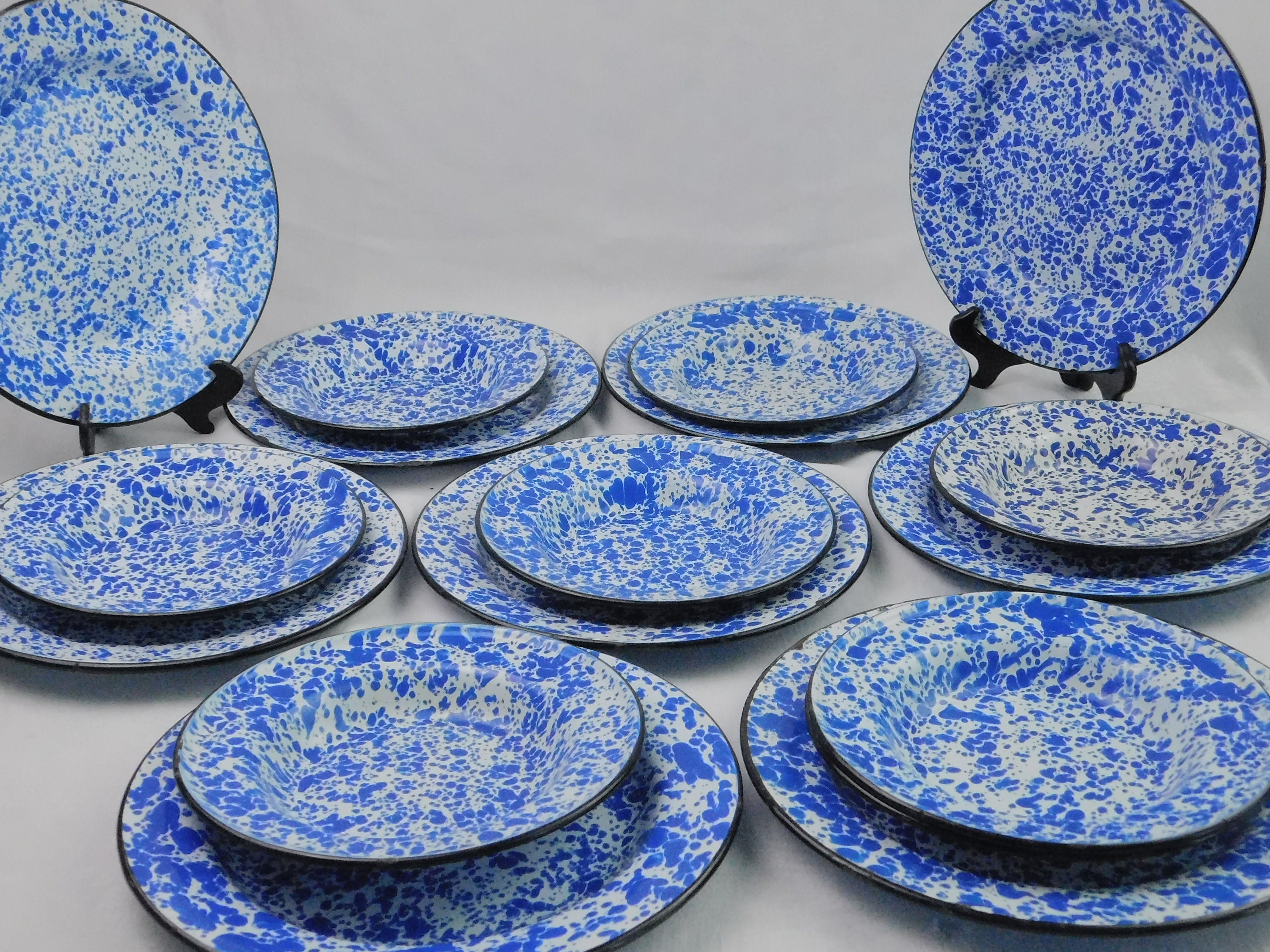 Vintage Blue Swirl Enamelware Bowls, 8