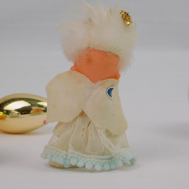 1950s Pixie Angel Ornament, Wings, Mesh Dress, Blue Hem. Vintage Gold