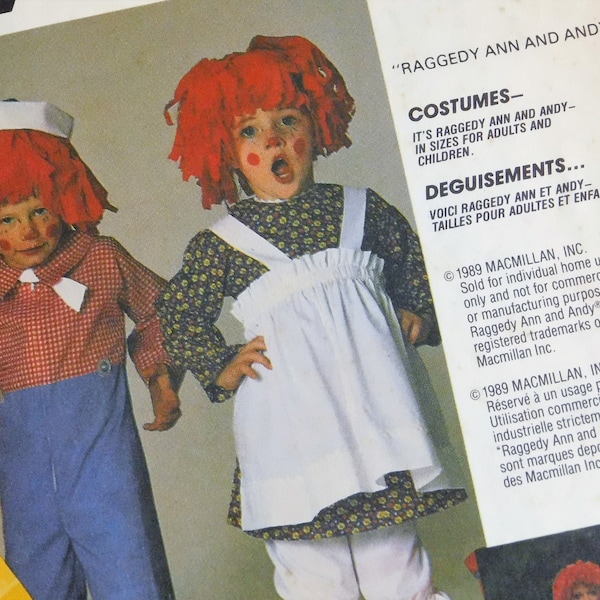 Vintage Raggedy Ann and Raggedy Andy Halloween costumes from McCall's #4097. Sewing patterns in sizes for children and adults. Unisex mint.
