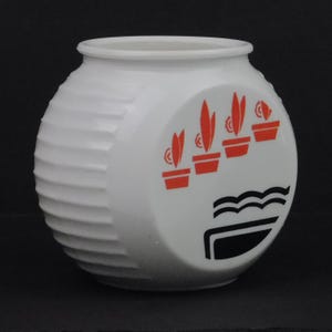 Vintage Fire King Vitrock Grease Jar – Red Potted Plant Design, 1940s Milk Glass, Retro Kitchen Canister, Collectible Range Set Piece, as is