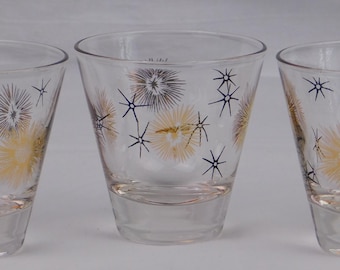 Vintage Federal Glass Shot Glasses Set of 3 Atomic Starburst Black 22kt Gold MCM 1960s Sputnik Barware