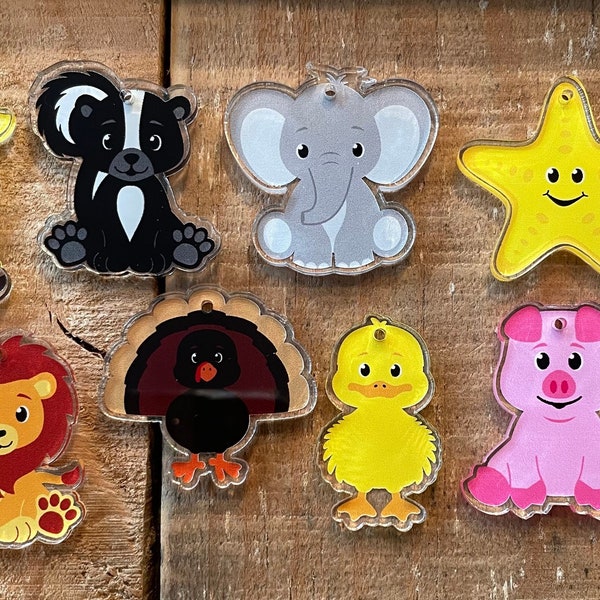 NEW-Laser cut, printed cute Animals, clear acrylic, children's jewelry, 1.5", for necklace or earrings, 1 piece or pair, multiple designs