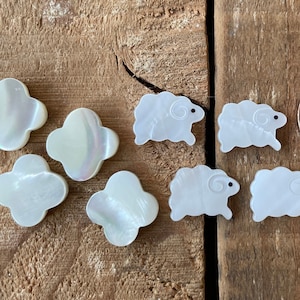 Mother of Pearl Quatrefoil Clover, Lamb Shaped 14mm beads, charms, Top to Bottom Drilled, 1 piece