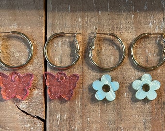 Gold Stainless Steel Hoop with Acrylic Slide Component, Butterfly Flower, 25mm, 30mm, 1 pair